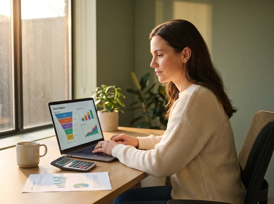 Founder comparing an AI SDR quote with her outbound volume at her desk