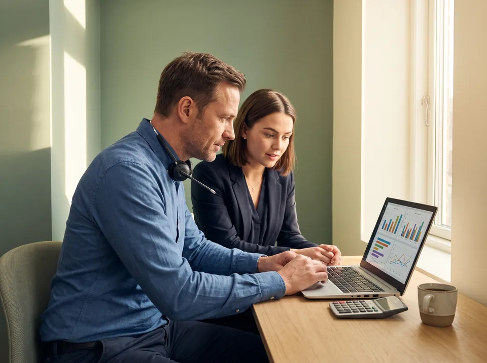 Two-person sales team reviewing outbound pipeline and seat costs on a laptop