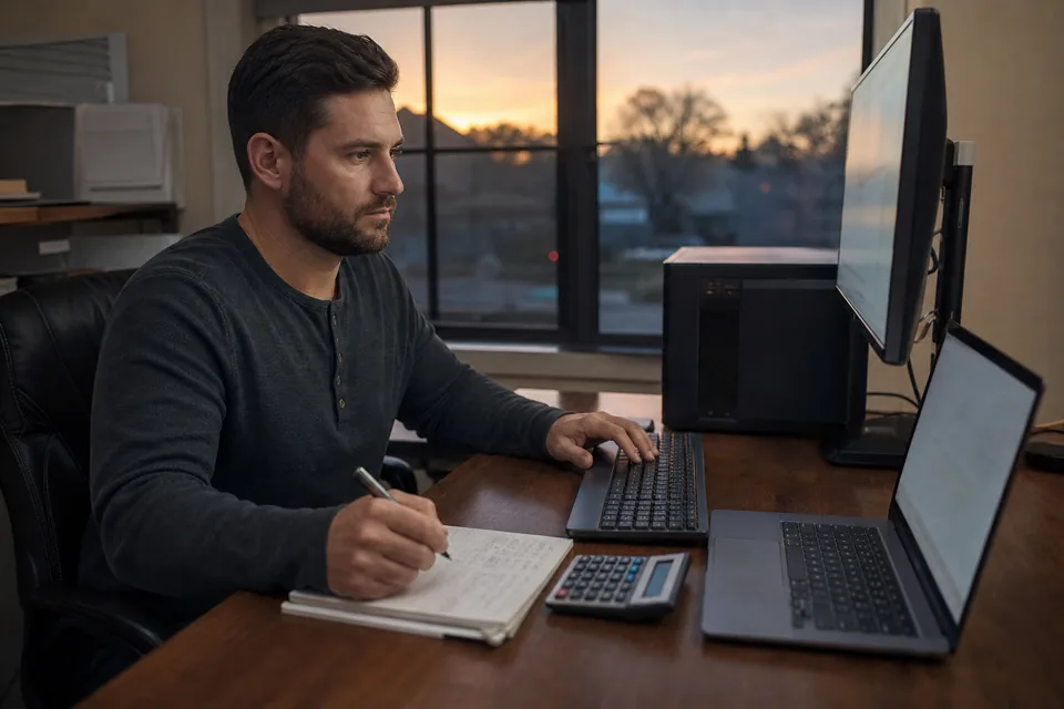An agency owner at a desk with a desktop computer and laptop running, working out license counts on a notepad